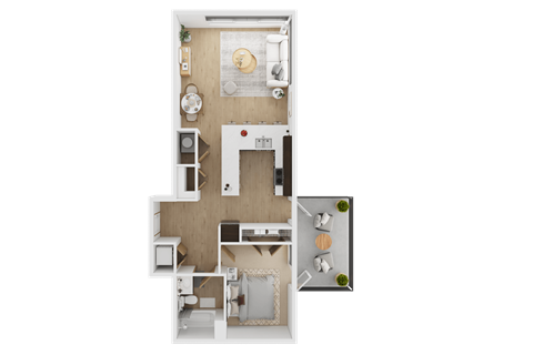 Floor plan for 1 bed, 1 bath, 744 sqft